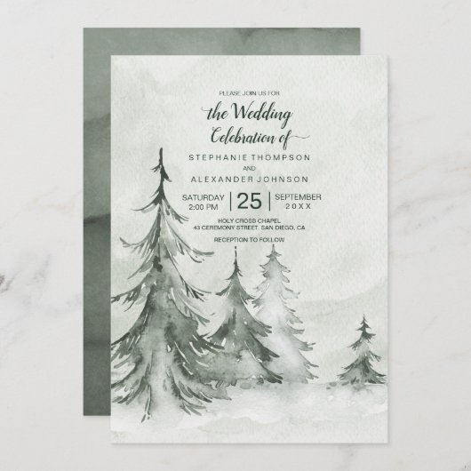 Invitation Aquarelle Fir Trees Mariage d'hiver (Devant / Derrière)