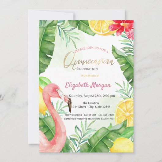 Invitation Aquarelle Flamant rose été Quinceanera (Devant)