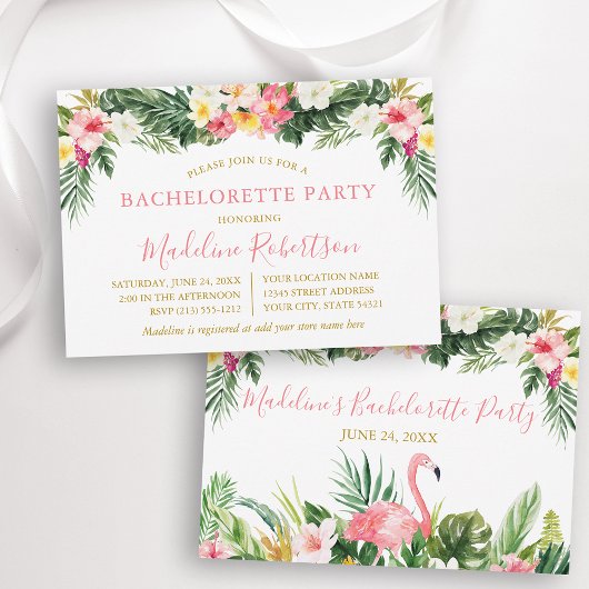 Invitation Aquarelle Flamant rose floral tropical Bachelorett