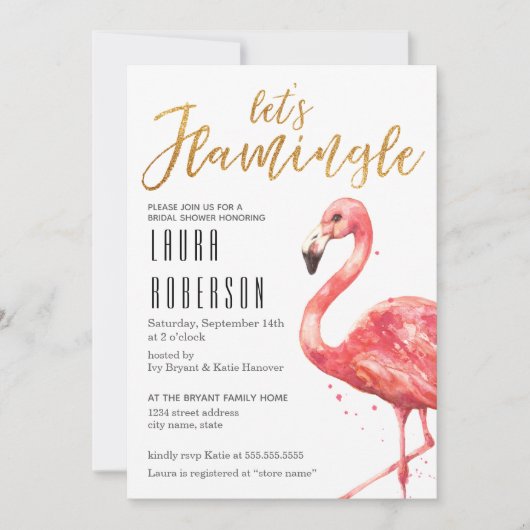 Invitation Aquarelle Flamingle en or | FÊTE DES MARIÉES (Devant)