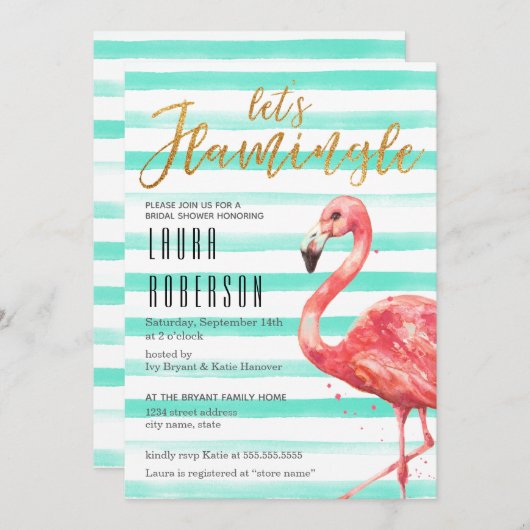 Invitation Aquarelle Flamingle Mint Stripes | FÊTE DES MARIÉE (Devant / Derrière)