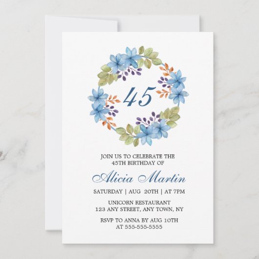 Invitation Aquarelle Fleur Bleue Verdure Anniversaire Tout Âg (Devant)