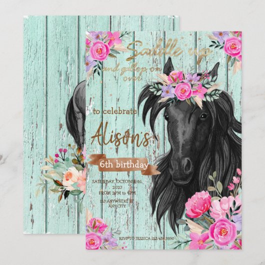 Invitation Aquarelle Fleur cheval anniversaire cowgirl  (Devant / Derrière)