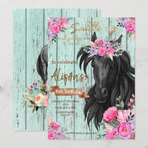 Invitation Aquarelle Fleur cheval anniversaire cowgirl 