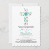Invitation Aquarelle Fleur Croix BAPTISME (Devant)