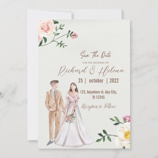 Invitation aquarelle fleur d'automne et palmier Mariage flora (Devant)