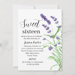 Invitation Aquarelle Fleur de Lavande Violette Sweet 16 Seize