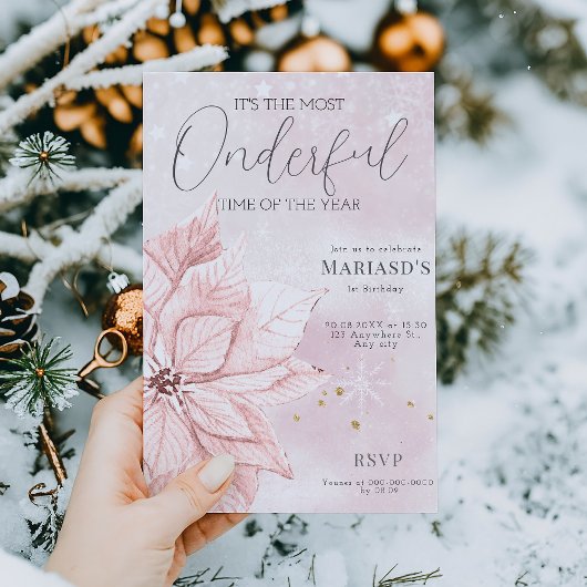 Invitation aquarelle Fleur de Noël rose 1er anniversaire