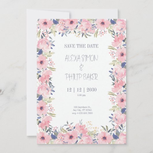 Invitation Aquarelle Fleur Mariage (Devant)