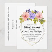 Invitation Aquarelle Fleur Muet Cadre géométrique Or (Devant / Derrière)