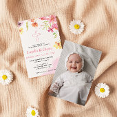 Invitation Aquarelle Fleur Rose Baptême Fille