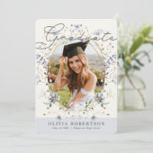 Invitation Aquarelle fleur sauvage Bleu Floral Photo Graduati (Debout devant)