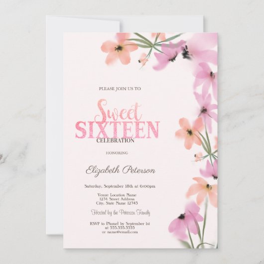 Invitation Aquarelle Fleur sauvage Boho Rose Fleurs Douces 16 (Devant)