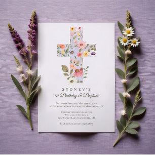 Invitation Aquarelle Fleur sauvage Croix 1er Anniversaire Bap