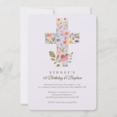 Invitation Aquarelle Fleur sauvage Croix 1er Anniversaire Bap (Devant)
