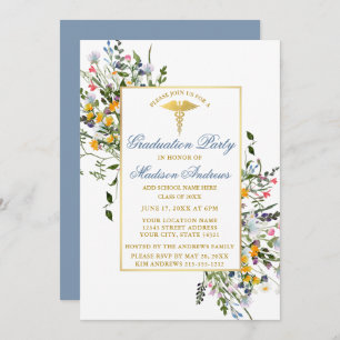 Invitation Aquarelle Fleur sauvage Dusty Blue Nurse Grad Part