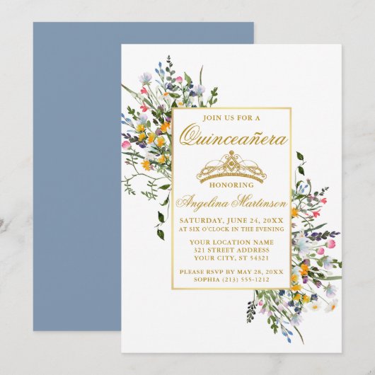 Invitation Aquarelle Fleur sauvage Dusty Blue Quinceanera (Devant / Derrière)