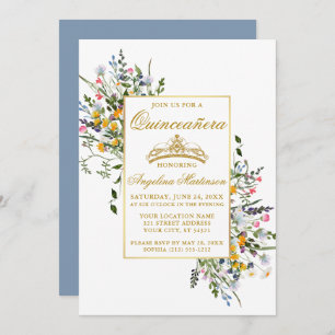 Invitation Aquarelle Fleur sauvage Dusty Blue Quinceanera
