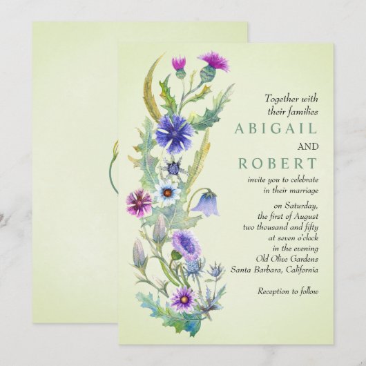 Invitation Aquarelle fleur sauvage floral vert pâle mariage (Devant / Derrière)