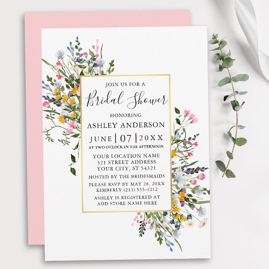 Invitation Aquarelle Fleur sauvage Gold Rose Blush Douche