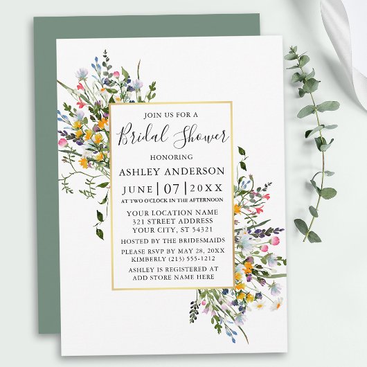 Invitation Aquarelle Fleur sauvage Gold Sage Douche verte