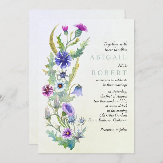 Invitation Aquarelle fleur sauvage mariage fleuri  (Devant / Derrière)