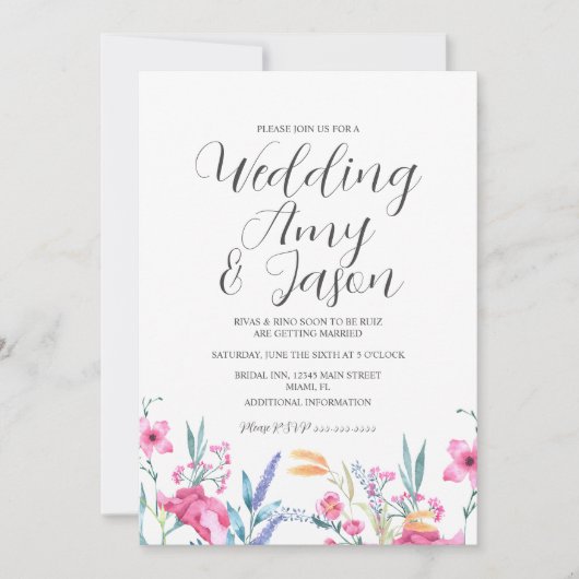 Invitation Aquarelle Fleur sauvage Mariage vert Muet (Devant)