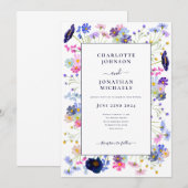 Invitation Aquarelle Fleur sauvage moderne bleu marine (Devant / Derrière)