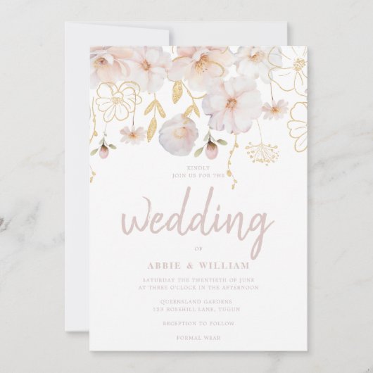 Invitation Aquarelle Fleur sauvage moderne Blush & Mariage bl (Devant)