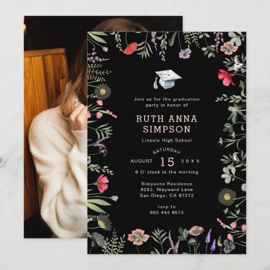 Invitation Aquarelle Fleur sauvage photo demande de diplôme (Devant / Derrière)