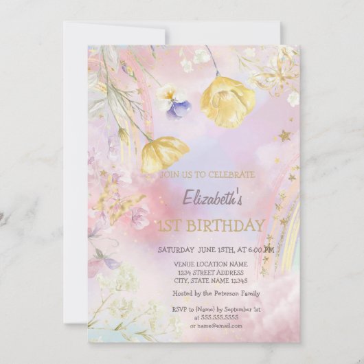 Invitation Aquarelle Fleur sauvage Rainbow Anniversaire (Devant)
