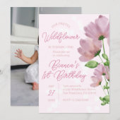 Invitation Aquarelle Fleur sauvage rose 1er anniversaire (Devant / Derrière)