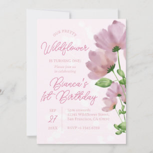 Invitation Aquarelle Fleur sauvage rose 1er anniversaire