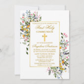 Invitation Aquarelle Fleur sauvage rose Blush Gold Communion (Devant)