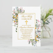 Invitation Aquarelle Fleur sauvage rose Blush Gold Communion (Debout devant)