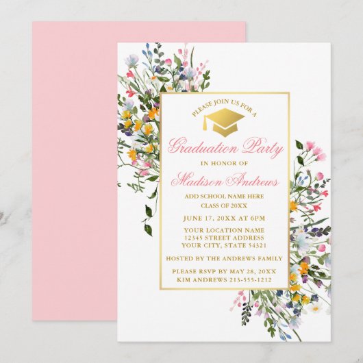 Invitation Aquarelle Fleur sauvage Rose Blush Gold Graduation (Devant / Derrière)