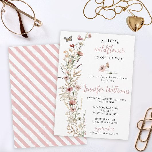 Invitation Aquarelle fleur sauvage rose d'or bébé douche