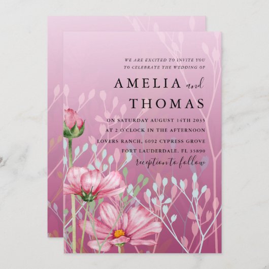 Invitation Aquarelle Fleur sauvage rose et Mariage de feuilla (Devant / Derrière)