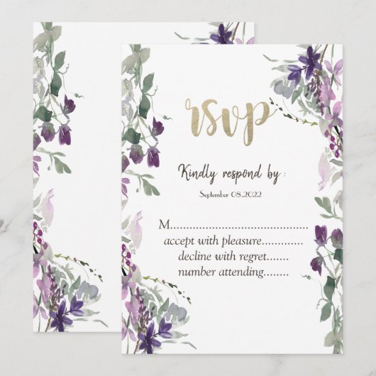 Invitation Aquarelle Fleur Sauvage Violette RSVP (Devant / Derrière)