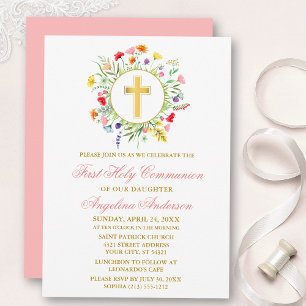 Invitation Aquarelle Fleur sauvage Wreath Gold Pink Communion