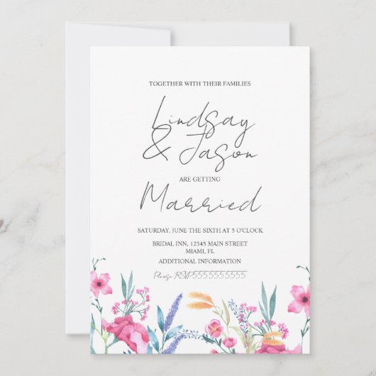 Invitation Aquarelle Fleur verte Mariage Script (Devant)
