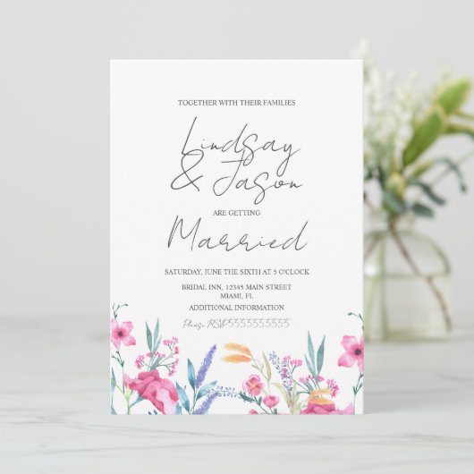 Invitation Aquarelle Fleur verte Mariage Script (Debout devant)