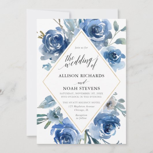 Invitation Aquarelle fleurie bleu blanc or mariage moderne (Devant)