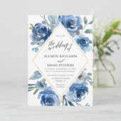 Invitation Aquarelle fleurie bleu blanc or mariage moderne (Debout devant)