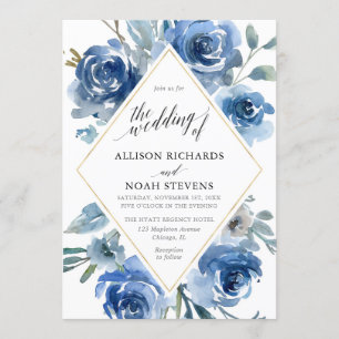 Invitation Aquarelle fleurie bleu blanc or mariage moderne