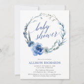 Invitation Aquarelle fleurie bleu wil baby shower (Devant)