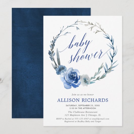 Invitation Aquarelle fleurie bleu wil baby shower (Devant / Derrière)