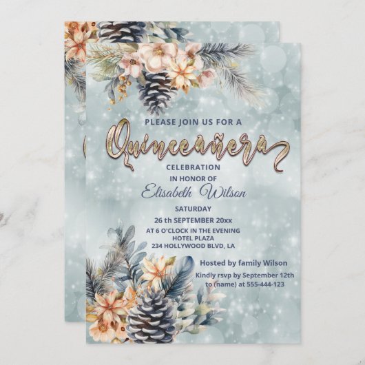 Invitation Aquarelle fleurie bokee moderne hiver (Devant / Derrière)