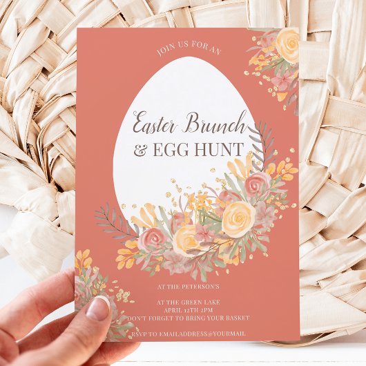 Invitation Aquarelle fleurie chic or brunch de pâques chasse