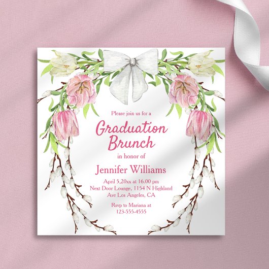 Invitation aquarelle fleurie couronne rose brunch graduation
